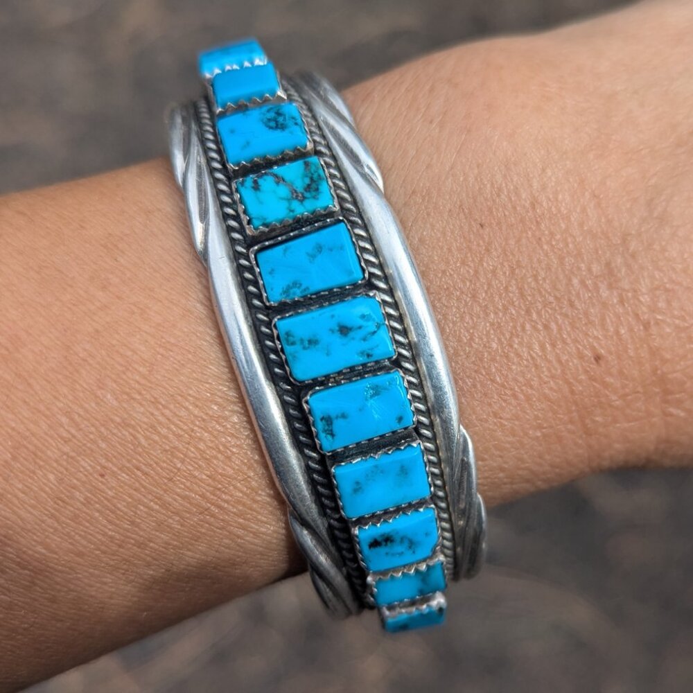 Vintage Navajo Bracelet Signed Native American Indian Jewelry Turquoise sz 6.75*